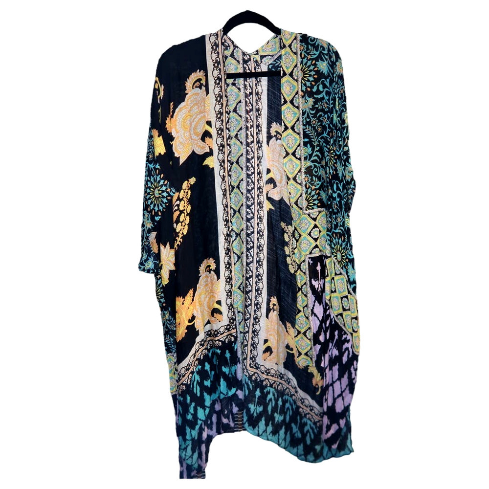 Lovestitch bohemian lounge duster robe kemono black colorful & floral print